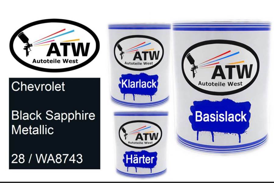 Chevrolet, Black Sapphire Metallic, 28 / WA8743: 1L Lackdose + 1L Klarlack + 500ml Härter - Set, von ATW Autoteile West.